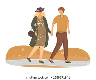 Pregnant woman and man walking in park flat vector illustration. Family preparing for parenthood. Strolling couple waiting of baby isolated cartoon characters on white background