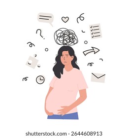 Gestante gerenciando o planejamento pré-natal. Estressada, cansada, mãe sobrecarregada com ansiedade. Aninhamento, preparação do bebê e carga mental. Ilustração de vetor de estilo plano isolada no plano de fundo branco.