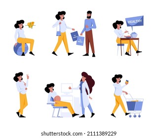 Pregnant woman. Maternity characters baby care pregnant active female mother walking making gymnastic happy yoga garish vector flat persons