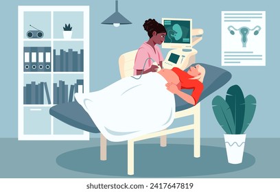 Pregnant woman in maternity clinic. Doctor conducts ultrasound examination. Nurse provide hospital care. Woman a lying in bed. Professional women consultation. Flat Vector illustration