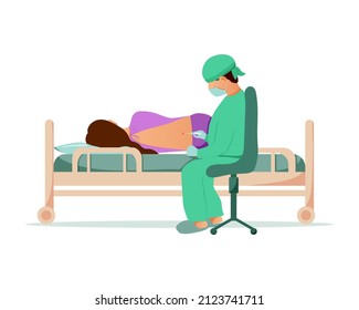 A pregnant woman in the maternity hospital is given an anesthetic procedure before childbirth. epidural anesthesia. vector illustration isolated on white background