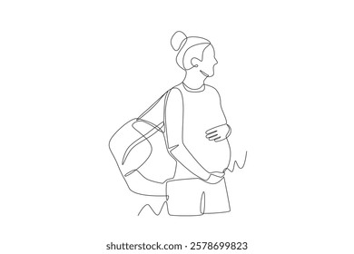 Pregnant woman with maternity preparation bag. Pregnant women getting ready for baby concept one-line drawing