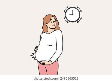 Pregnant woman measures contractions and looks at watch, waiting for ambulance to arrive from maternity hospital. Girl tracks intervals between contractions while waiting for labor to begin.