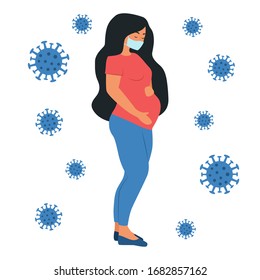 Pregnant woman with a medical face mask. Virus protection. New Coronavirus, Covid 19. Stay at home. Flat style vector illustration.