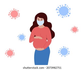 Pregnant woman in medical facial mask and covid virus. Healthy safety pregnancy during pandemic concept. Young mother is afraid of coronavirus. Vector flat illustration.