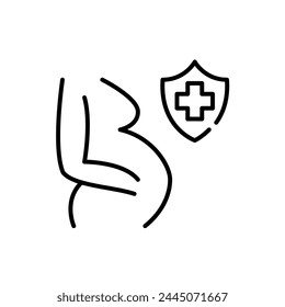 Pregnant woman and medical insurance, symbolizing coverage for prenatal and maternity care. Editable stroke vector icon