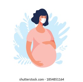 Pregnant woman in a medical mask. Concept graphic about pregnancy and motherhood during the coronavirus epidemic. Flat vector illustration isolated on white background