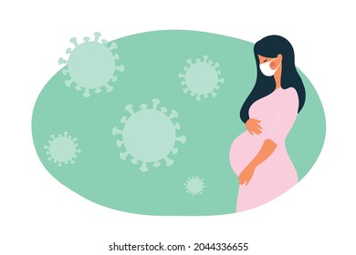 Pregnant woman in a medical mask, green background with viruses, banner with place for text. Medical banner with copy space. Flat cartoon vector illustration.