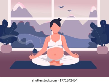 Pregnant woman meditate flat color vector illustration. Fitness for pregnancy at home. Girl relax in lotus pose with belly. Young mother 2D cartoon characters with window on background