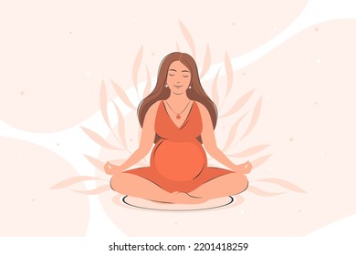 La mujer embarazada medita. Concepto yoga, meditación, relajación, salud, embarazo, maternidad. Ilustración vectorial.