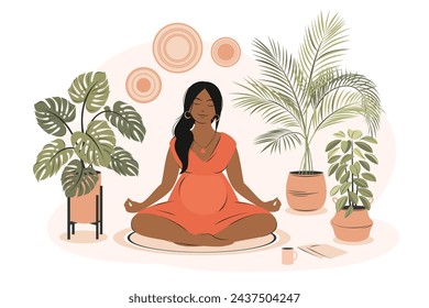 Una mujer embarazada medita. Concepto yoga, meditación, relax, salud, embarazo, maternidad, salud física y mental. Ilustración vectorial.