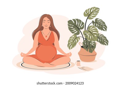 Pregnant woman meditates in her room or apartment. Concept yoga, meditation, relax, health, pregnancy, motherhood. Flat vector illustration.