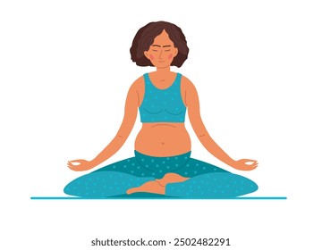 Pregnant woman meditates in lotus position. Woman in sportswear does yoga. Lady enjoys pregnancy. Preparation for childbirth, yoga for pregnant women. Healthy life style and health care concept.