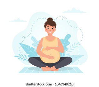 Pregnant woman meditates. Vector illustration in flat style