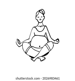a pregnant woman meditates. A young woman is doing yoga. A hand-drawn sketch. Vector doodle illustration
