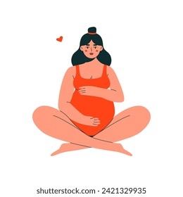 Pregnant woman meditating. Cartoon female character in lotus pose meditating during pregnancy, expecting mom relaxing and doing yoga. Vector illustration.