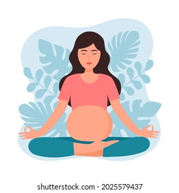 Pregnant woman meditating in flat design. Happy pregnant female yoga for relaxation.