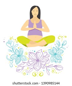 A pregnant woman is meditating. Pregnant girl doing yoga. Namaste. Flower pattern. Vector illustration. Poster, postcard. Print design. Banner for social media