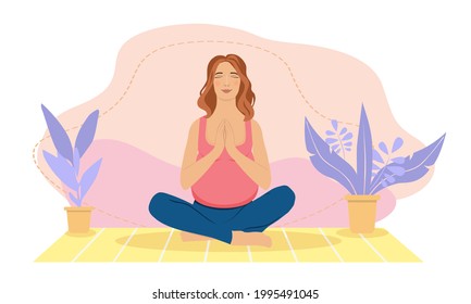 Pregnant woman meditating at home. Concept illustration for prenatal yoga, meditation, relax, recreation, healthy lifestyle. Illustration in flat cartoon style.