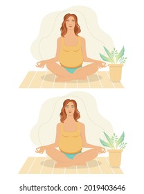 Pregnant woman meditating at home. Concept illustration for prenatal yoga, meditation, relax, recreation, healthy lifestyle. Illustration in flat cartoon style.