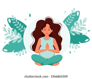 Pregnant woman meditating in lotus pose. Pregnancy health concept. Vector illustration	