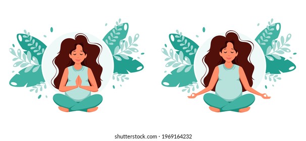 Pregnant woman meditating in lotus pose. Pregnancy health concept. Vector illustration	