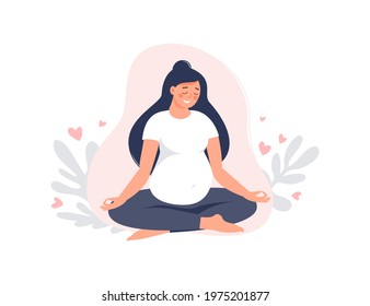 Pregnant woman meditating in lotus pose isolated on pink. Pregnancy female practicing yoga. Vector flat illustration. Concept of maternity and healthy lifestyle for banner, landing page, card