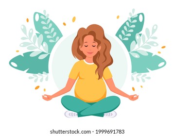 Pregnant woman meditating in lotus pose. Healthy pregnancy concept. Vector illustration