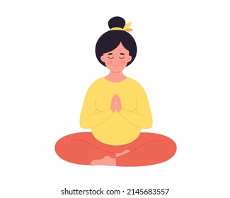 Pregnant woman meditating in lotus pose. Healthy pregnancy, yoga, relax, breathing exercise. Hand drawn vector illustration