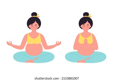 Pregnant woman meditating in lotus pose. Healthy pregnancy, yoga, relax, breathing exercise. Hand drawn vector illustration