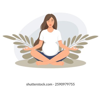 Pregnant woman meditating in lotus position. Prenatal yoga meditation. Flat illustration.