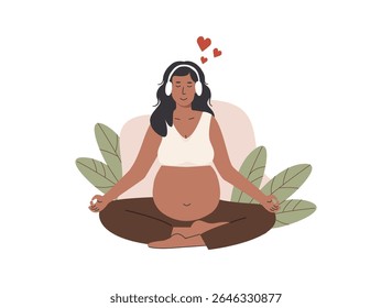 Pregnant woman meditating in lotus position while listening to music with headphones. Practicing hypnobirthing for calm and mindful childbirth. Flat Vector Illustration isolated on white background.