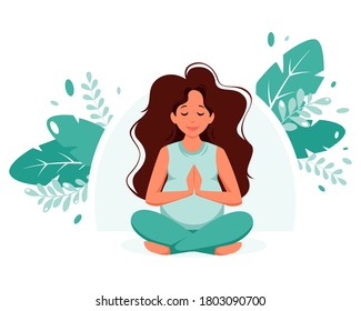Pregnant woman meditating on leaves background. Pregnancy health concept. Vector illustration