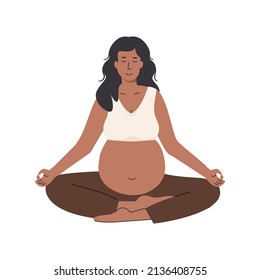 Pregnant woman meditating. Prenatal yoga. Woman sitting with legs crossed. Relaxing meditation exercise during pregnancy. Mother character with belly in asana. Flat style vector illustration isolated.