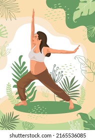 Pregnant woman Meditating and relaxing in Nature. Peaceful person practicing Yoga, spiritual Meditation surrounded by plant leaves. Harmony and peace concept. Flat vector illustration. 
