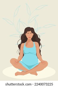 Pregnant woman meditating and sitting in lotus on the natural background. Pregnancy health concept. Illustration for yoga, meditation, relax and healthy lifestyle. Vector flat illustration