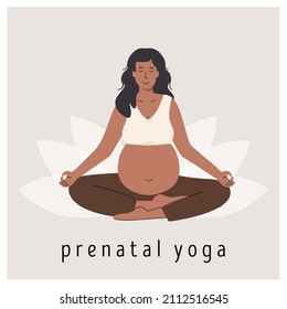 Pregnant woman meditating. Square banner for prenatal yoga. Woman sitting with legs crossed. Relaxing meditation exercise during pregnancy. Mother with belly in asana. Flat style vector illustration.