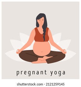Pregnant woman meditating. Square banner for prenatal yoga. Woman sitting with legs crossed. Relaxing meditation exercise during pregnancy. Mother with belly in asana. Flat style vector illustration.