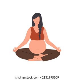 Pregnant woman meditating. Square banner for prenatal yoga. Woman sitting with legs crossed. Relaxing meditation exercise during pregnancy. Mother with belly in asana. Flat style vector illustration.