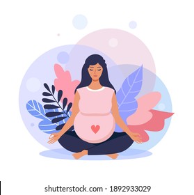 Pregnant woman meditating while sitting in lotus pose. Mom-to-be does yoga. Vector illustration