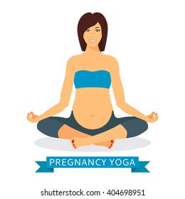 Pregnant woman meditating while sitting in lotus position isolated on white background. Pregnant yoga woman relaxing and meditating. Vector illustration.