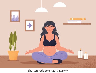 Pregnant woman meditating. Young girl sits in lotus position. Breathing exercises and health care. Expectant mother sitting in apartment by candlelight and plant. Cartoon flat vector illustration