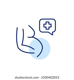 Pregnant woman and message with cross. Pregnancy healthcare support. Pixel perfect, editable stroke icon