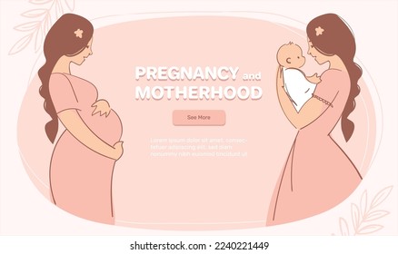 Pregnant woman, mom with baby, banner with copy space about motherhood and pregnancy, pink background for text.. Flat cartoon vector illustration.