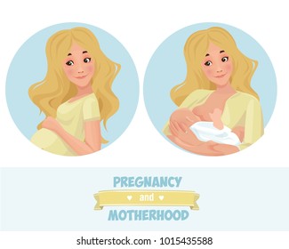 Pregnant woman and mother with baby on hands. Pregnancy and motherhood