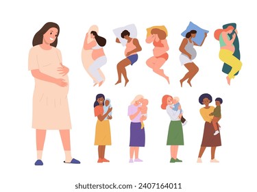 Pregnant woman and mother with kids cartoon female characters big set isolated on white background