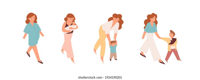 Pregnant Woman, Mother With Newborn Baby, Mom Supporting Toddler And Walking With Child. Motherhood And Growing Up Stages Of Kid. Colored Flat Cartoon Vector Illustration Isolated On White Background