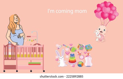 
pregnant woman mother watching the arrival of her baby. And the baby says from the balloon to him mom I'm coming, waving and throwing his toys.