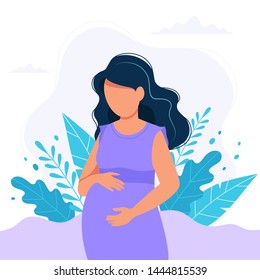 Pregnant woman with nature leaves background. Vector illustration in flat style