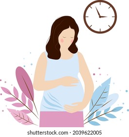 Pregnant woman with nature leaves background. Vector illustration in flat style.